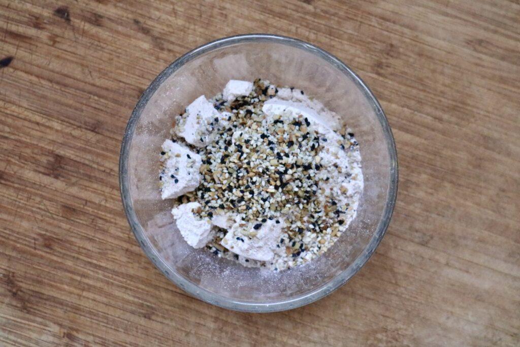 whole grain everything bagels dry ingredients in glass bowl