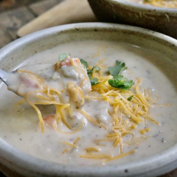 Bowl of creamy potato vegetable soup with spoon