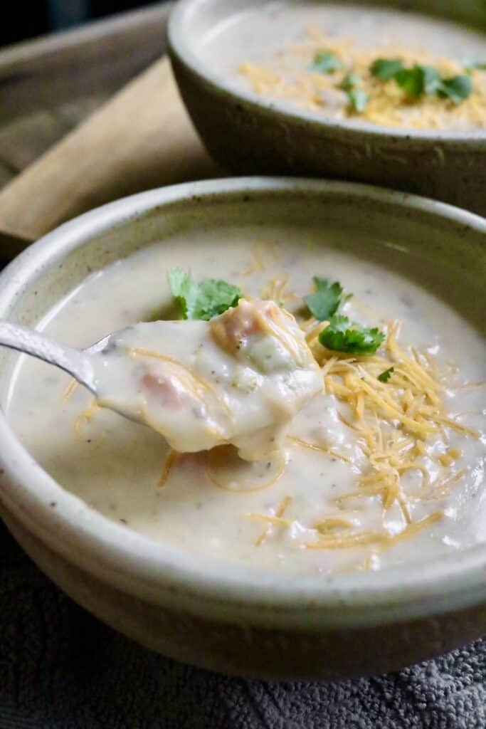 spoon scooping creamy vegetable soup out bowl