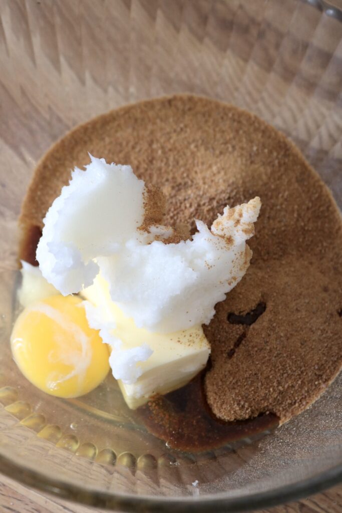 coconut oil, butter, coconut sugar, and egg in bowl
